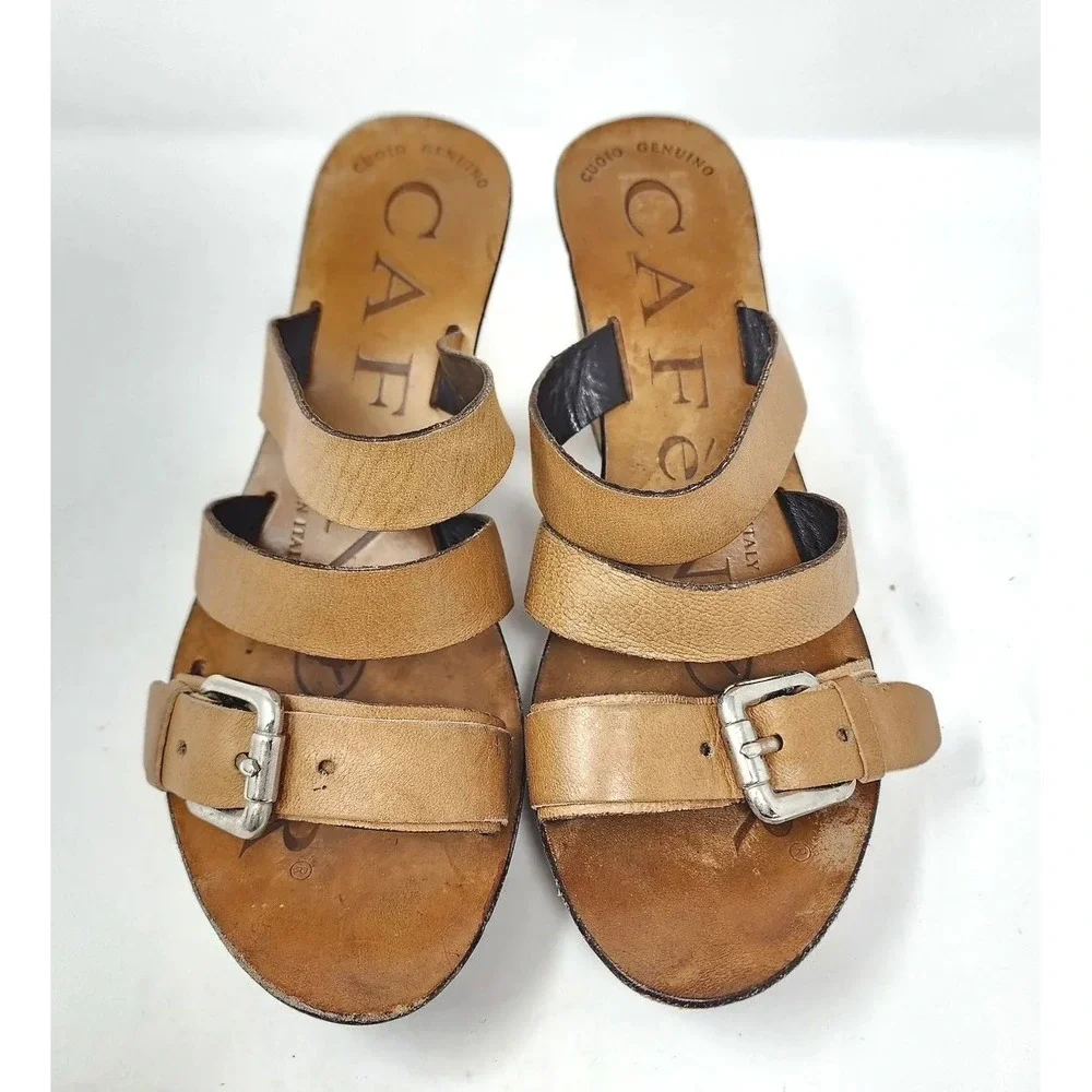 CAFé NOIR Shoes Women's 38 /US 8 Leather Slip-On 3 Buckle Strap Cork Wedge Heel